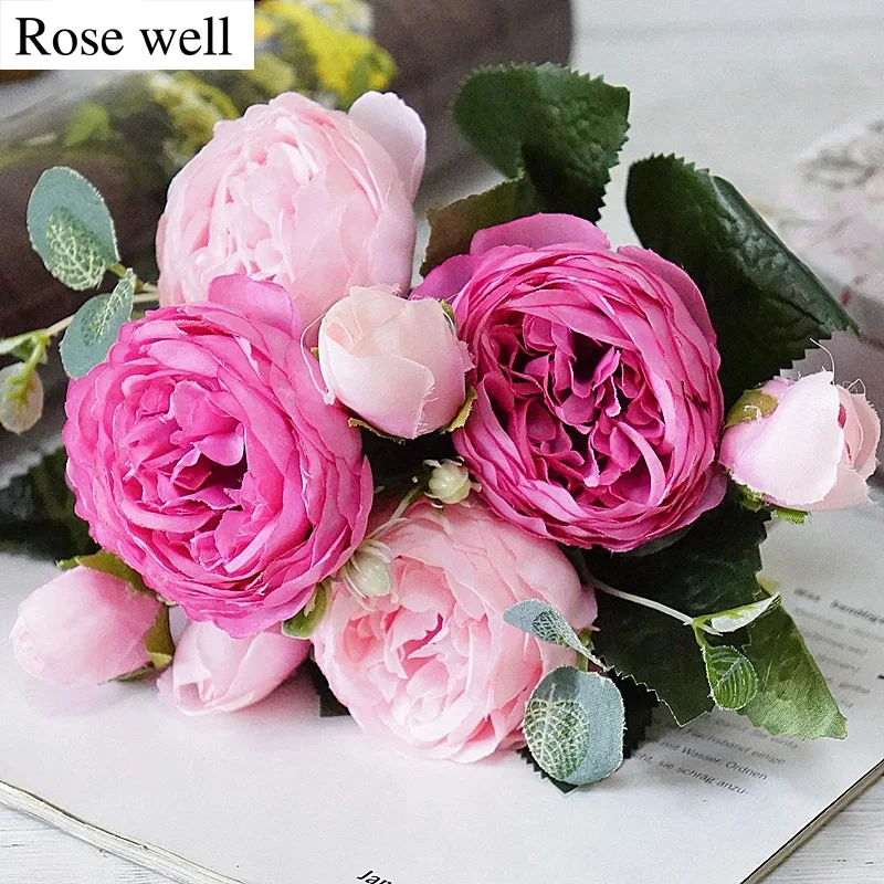 Новинка шелковые пионы ROSEWELL искусственные розы букет из 5 больших цветов и 4