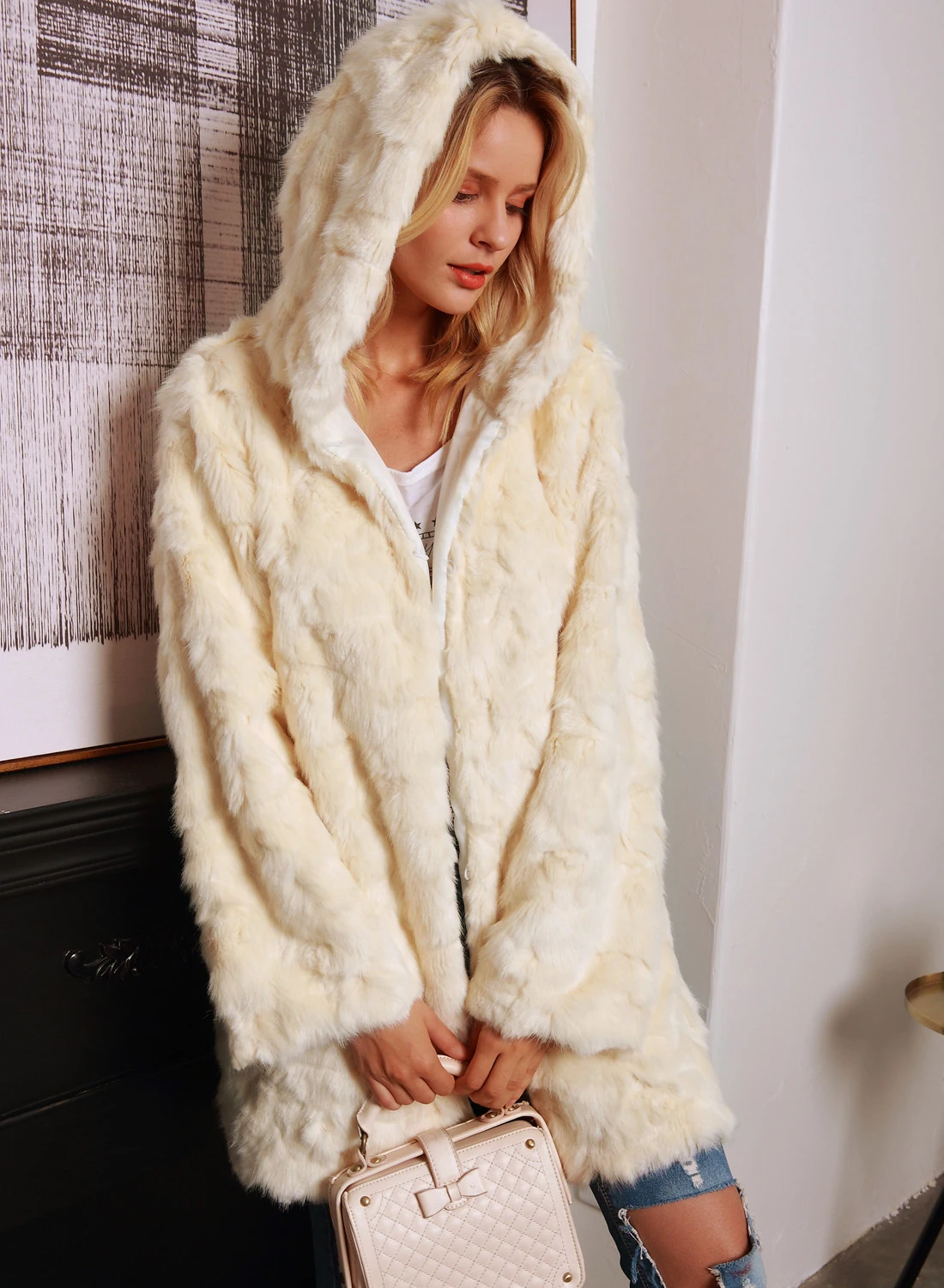 CALOFE женское пушистое зимнее пальто белое искусственный мех с капюшоном милое