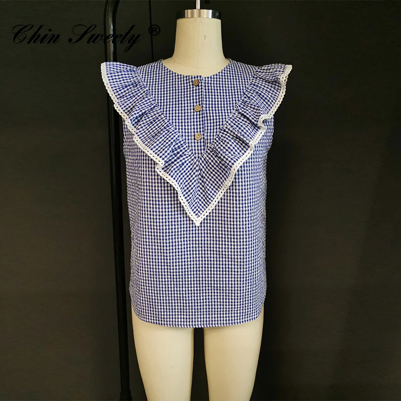 

Ruffle Sleeveless O-neck Blouses Tops Women Casual Plaid Single-breasted Female Shirt 2021 New Trend Summer Splicing Ladies Top