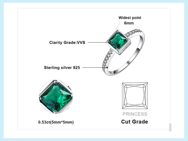 Jewelrypalace квадратный 0.5ct создания Изумрудный пасьянс кольцо стерлингового серебра 925 пробы Solitaire Обручение кольцо подарок