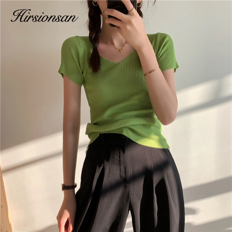 

Hirsionsan T shirt Women korean style Short Sleeve V neck solid fitted Female Soft Chic knitted shirt Jumper Harajuku tee tops
