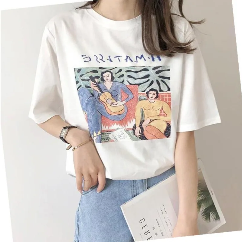100% хлопок Ретро стиль с рисунком женские летние футболки из хлопка круглым