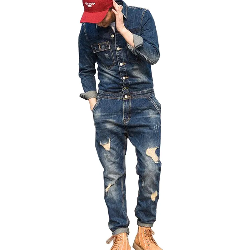

MORUANCLE Fashion Men's Ripped Denim Bib Overalls With Jackets Distressed Jeans Jumpsuits For Male Work Suit Stage Costumes
