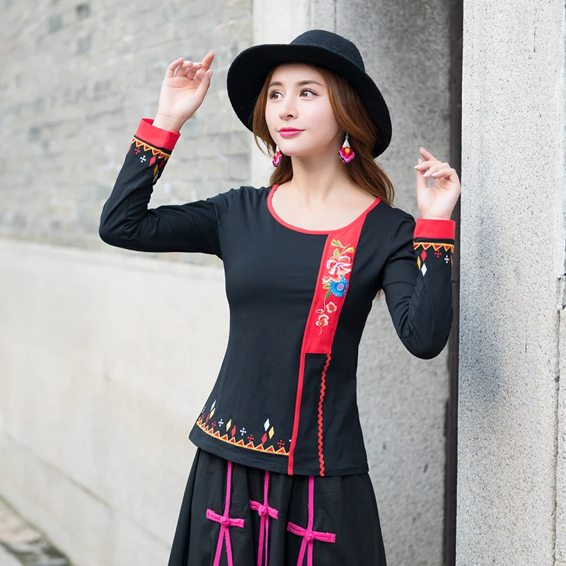 KYQIAO boho Блузка Женская Осень Зима Мехико стиль Винтаж длинный