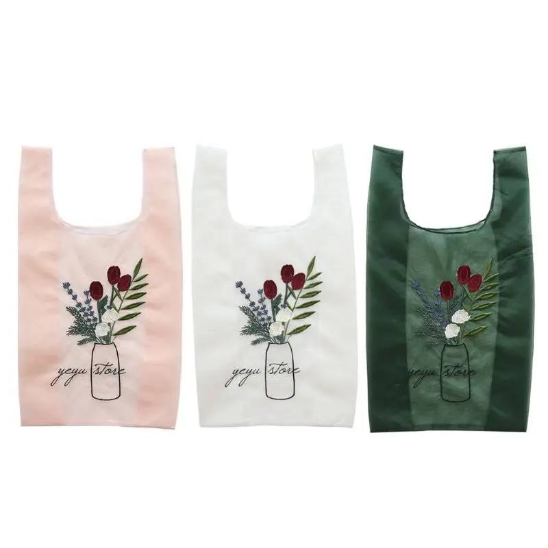 

3 Colors Women Transparent Tote Organza Yarn Beach Bag Flower Embroidery Handbag High Quality Eco Clear Hand Bags Kit K5DA