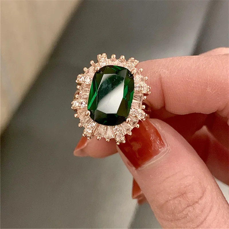 

Retro Style Luxury Green Ring With Crystal Stone Finger Jewelry Adjustable Rings For Women Ladies Fine Gift Bague Bijoux