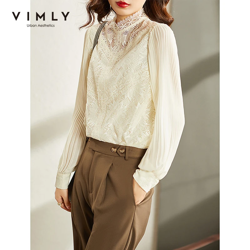 

VIMLY Chiffon Tops Women Spring Autumn Fashion Lace Neck Shirts Splice Long Sleeve Clothes Elegant Female Pullovers F8629