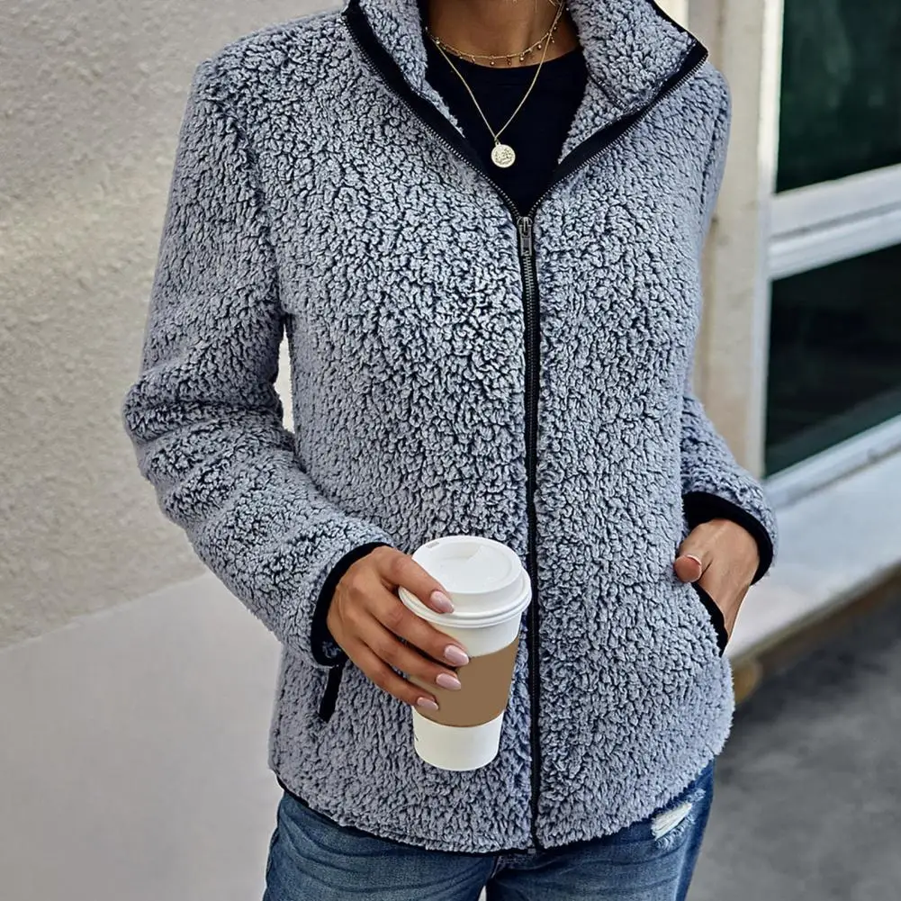 

Зимняя Женская водолазка с длинным рукавом и карманами, плюшевое пальто, куртка на молнии, верхняя одежда, женская одежда
