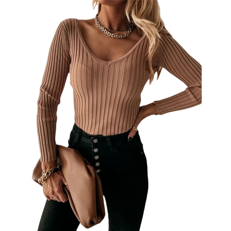 

Hot Sale Fashion Women Ribbed Knitted Shirts, V Neck Long Sleeve Solid Color Tight Undershirts Tops Autumn /Spring Clothes