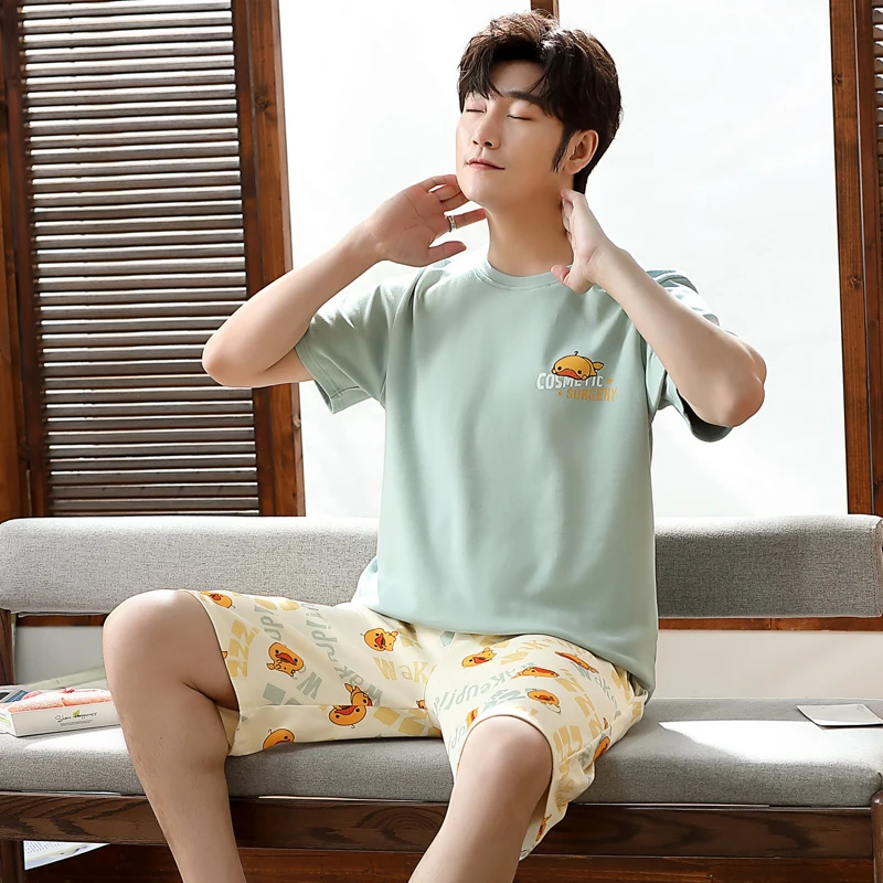 

Plus Size Summer Short-sleeve Cotton Cool Mens Sleepwear Suit Fashion Korean Style Light Green Cartoon Nightwear Men Pajamas Set