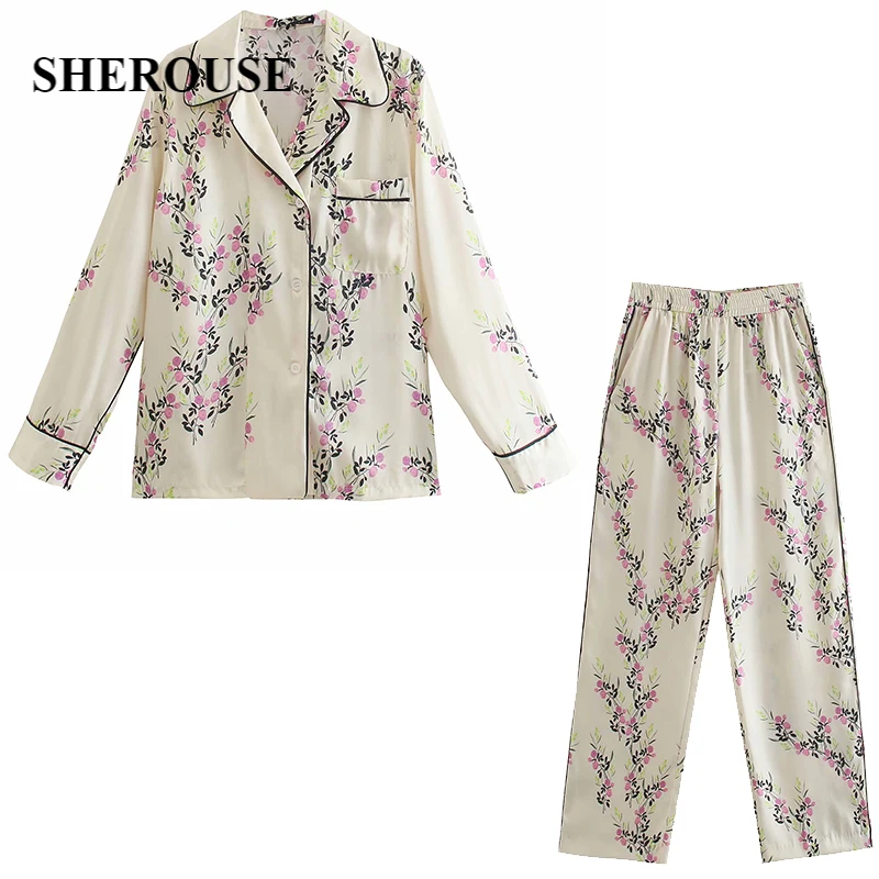 

2021 Two Piece Set Women Printed Loose Shirt and Trousers Oversized Blouse Wide Trousers Woman Pajama style Pants Sets Outfits