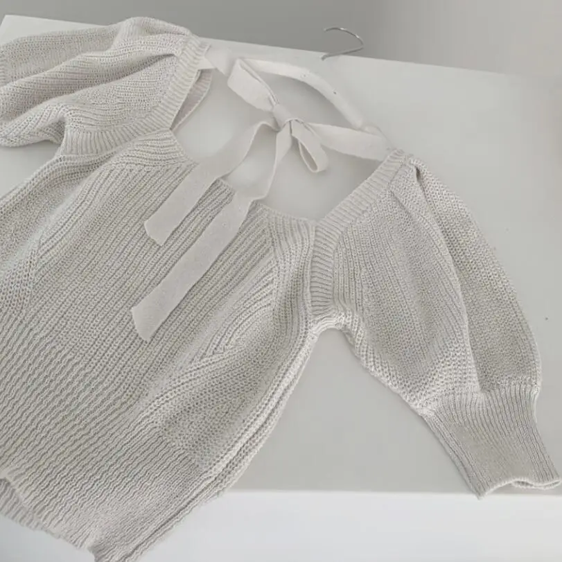 

Summer Backless Lace Up Knitted Square Collar Slim T Shirt Women Korean Short Puff Sleeve T-shirt Ladies Tshirt Female Tops Tee