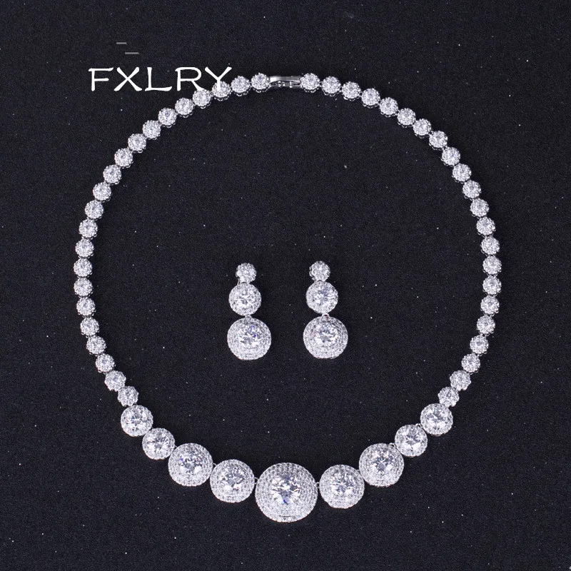 FXLRY элегантные круглые серьги-подвески белого цвета с кубическим цирконием класса ААА +, ожерелья для свадьбы, ювелирные изделия для невесты