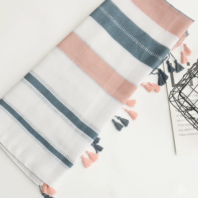 Japanese Korean version of small fresh cotton and linen scarves size stripes color matching decorative sunscreen shawls |