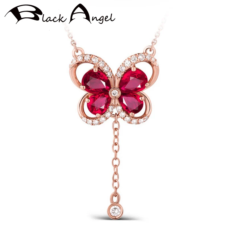

BLACK ANGEL 18K Rose Gold Luxury Red Tourmaline Crystal Gemstone Cute Butterfly Pendant Necklace For Women Jewelry Wedding Gift