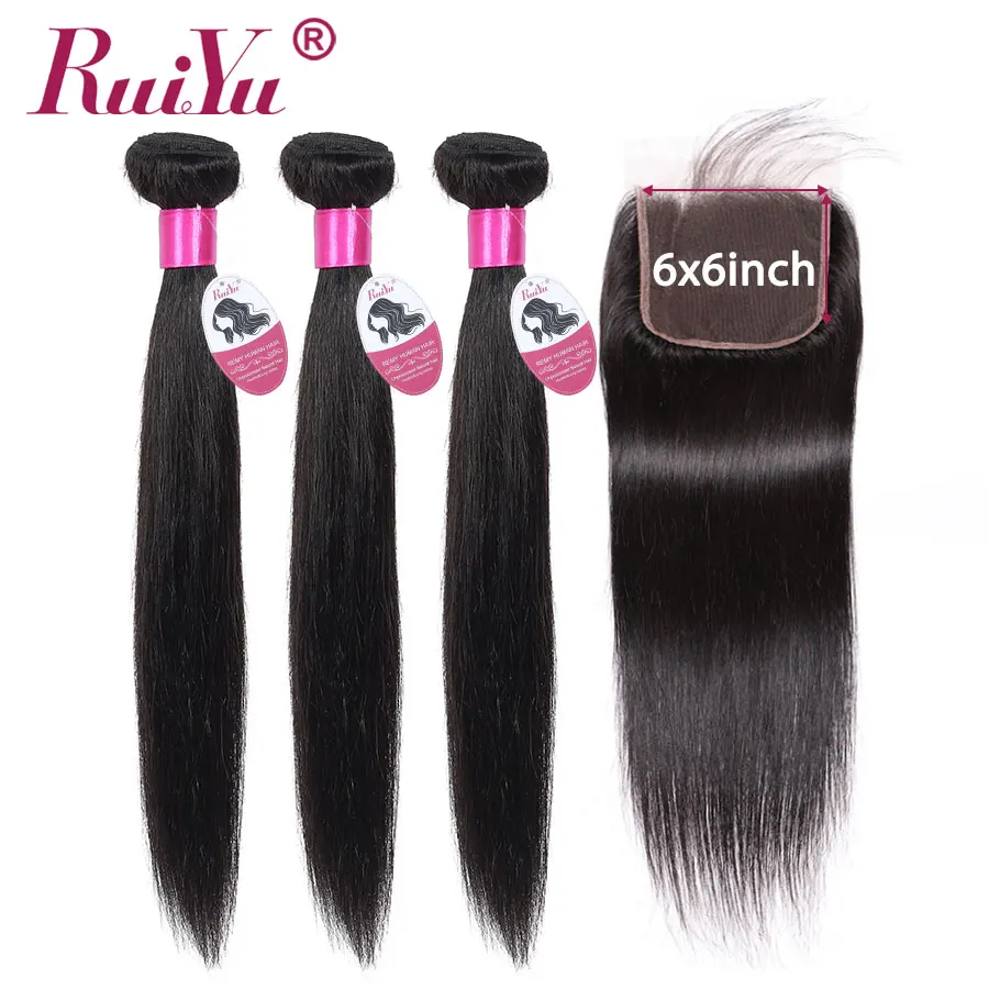 RUIYU 6x6 кружевное Закрытие с пучками перуанских прямых пучков волос закрытием