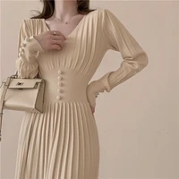 chic and elegant pleated sweater dress womens slim french femme vestido spring autumn winter fashion single breasted