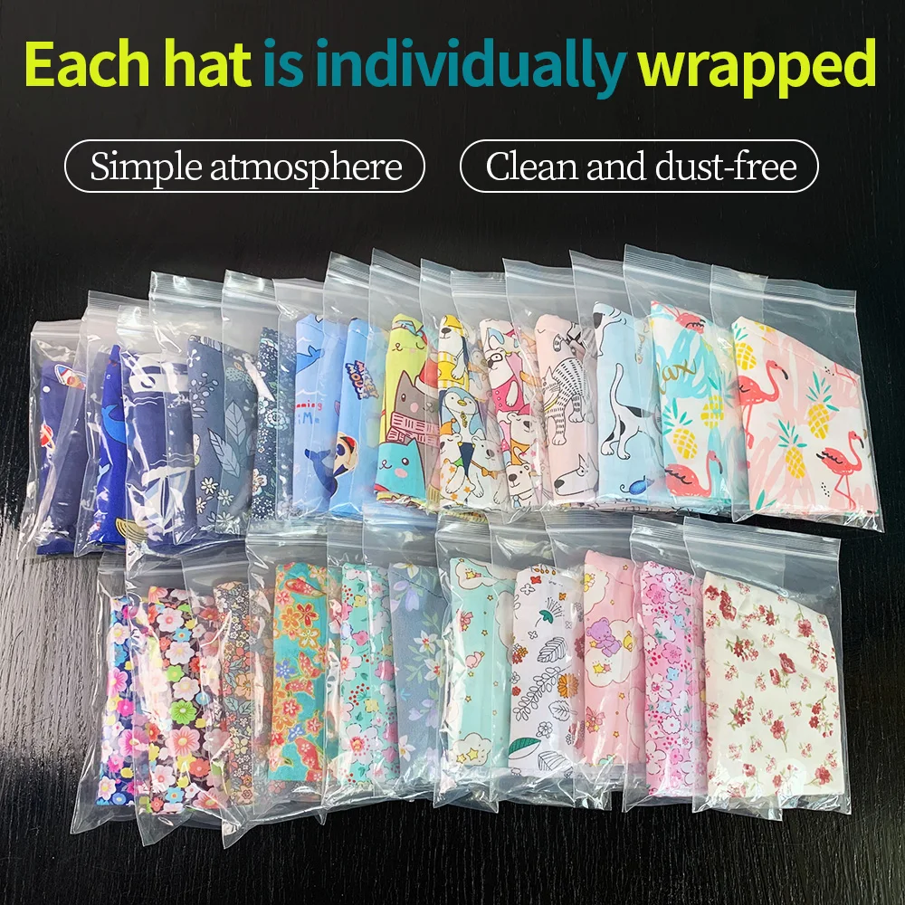 

Hot selling cartoon print frosted hat long hair ladies breathable hair care cap adjustable elastic lab dust cap unisex work caps