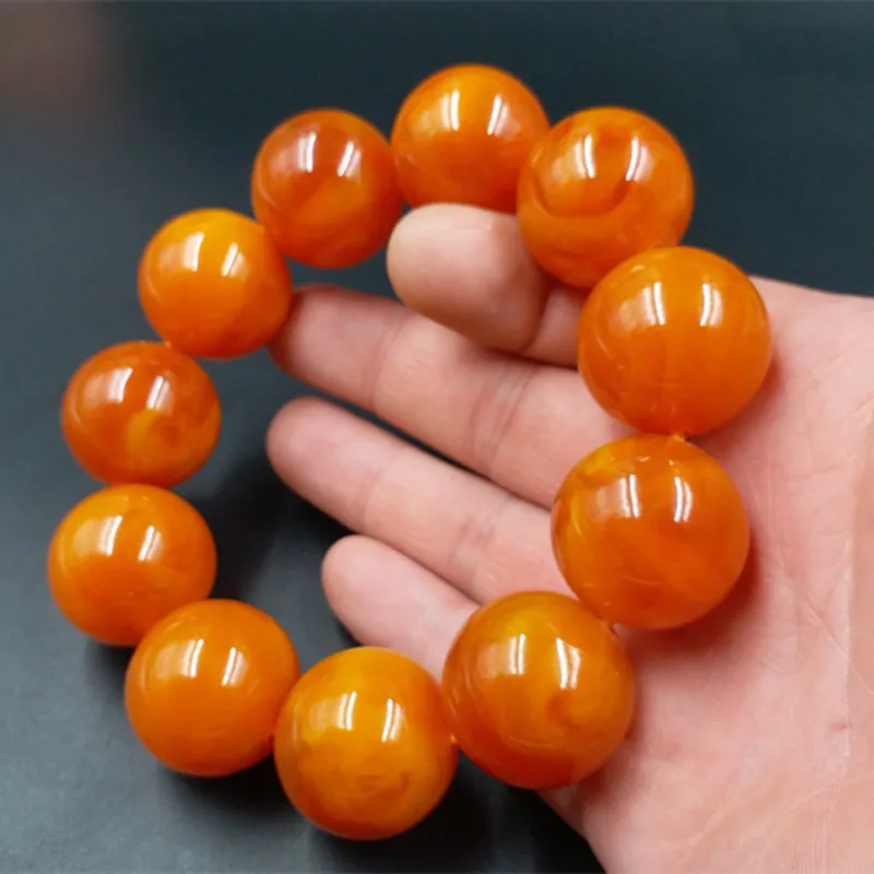 

20mm Amber Yellow Beeswax Old Honey Wax Amber Bracelet Round /barrel Bead Hand Row for Men Hand Bangle Suitable for 15-25cm Free