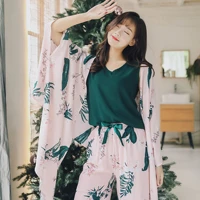autumn ladies casual cotton silk three piece pajamas comfortable and breathable long sleeved simple fresh big leaf home service