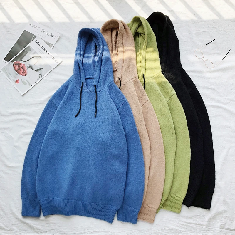 Winter Hooded Sweater Men's Warm Fashion Solid Color Casual Knit Pullover Men Wild Knitting Sweaters Male Sweter Clothes M-2XL