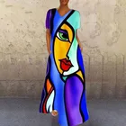 Платье женское длинное с абстрактным принтом, свободное Макси-платье с коротким рукавом и V-образным вырезом, одежда для размера плюс