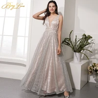 berylove sparkle elegant formal evening dress 2021 silver champagne gown long sexy deep v shiny prom dress train robe de soir%c3%a9e