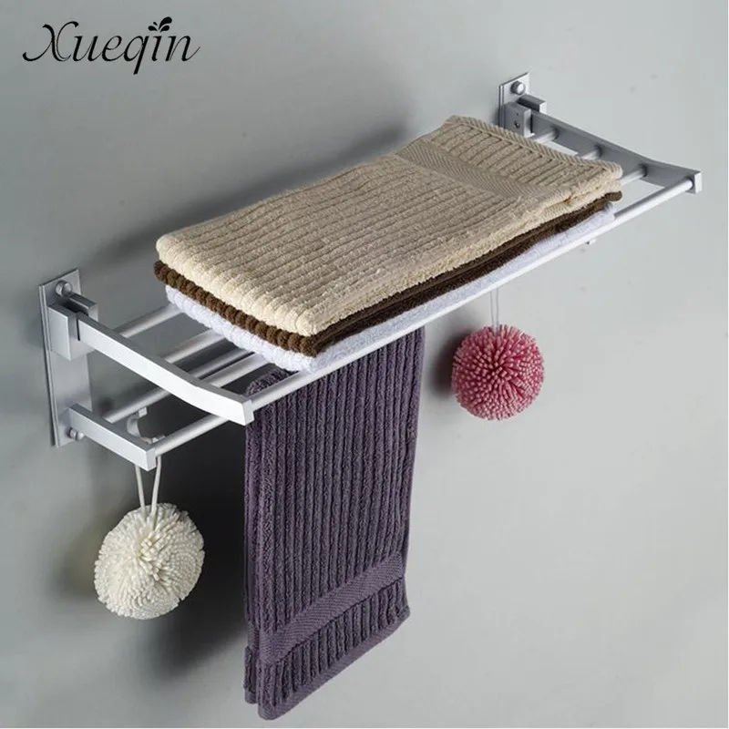 

2 Layer Alumimum Foldable Bathroom Towel Rack Holder Wall Mounted Storage Hanger Kitchen Hotel Towel Clothes Shelf With 5 Hooks
