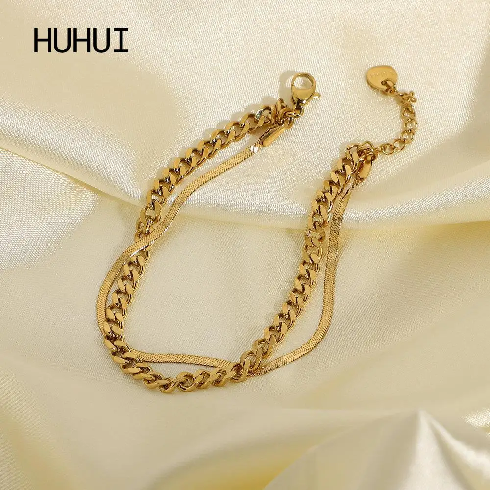 

HUHUI Double-layer Bracelet Cuban Chain Metal Titanium Steel Stainless Steel Flat Snake Chain Jewelry For Women Party Gift