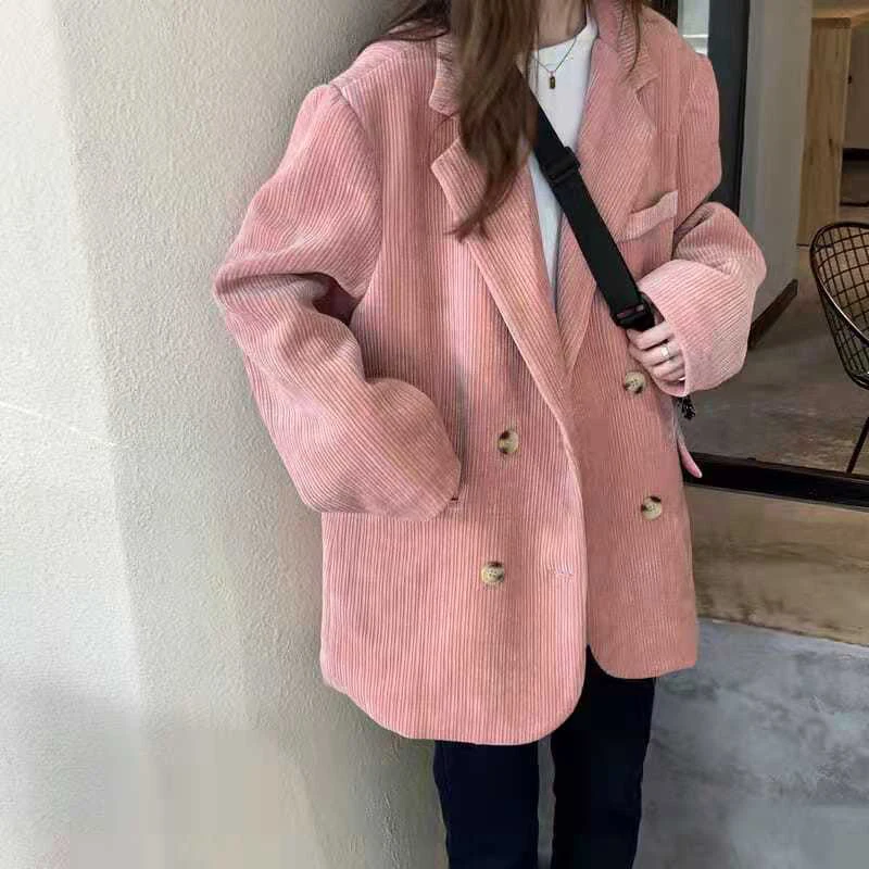 

Женский вельветовый Блейзер, повседневные свободные двубортные куртки розового цвета, ВИНТАЖНЫЕ пальто, женский топ на осень-зиму 2021