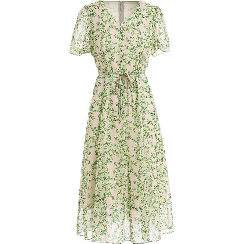 

Gowani Silk Dress Summer Women Vintage Green Disty Floral Printed V-neck Short Sleeve Tie Waist A-line Boutique Clothing