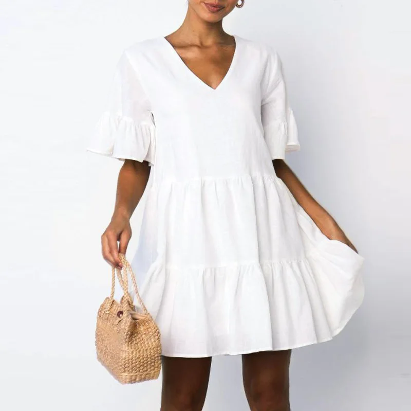 

Solid Color Pleated Midi Dresses 2021 Female Short Sleeve Loose A-Line Dresses for Women V-Neck Summer Sundress vestido de mujer