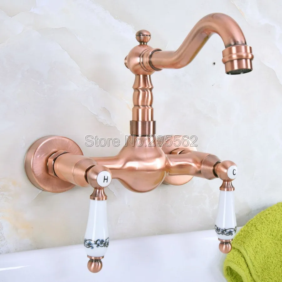 

Antique Red Copper Wall Mount Swivel Spout Bathroom Sink Faucet Double Handle Mixer Tap Lnf950