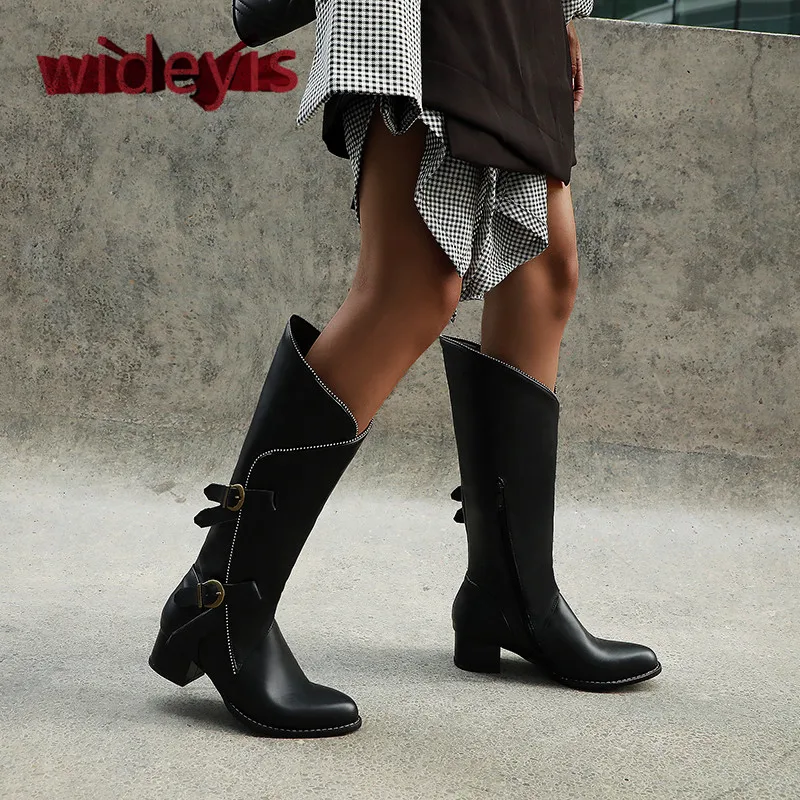 Shoes woman WIDEYIS retro leather women's boots fashion round head regular thickness autumn and winter can wear 2019 new | Обувь