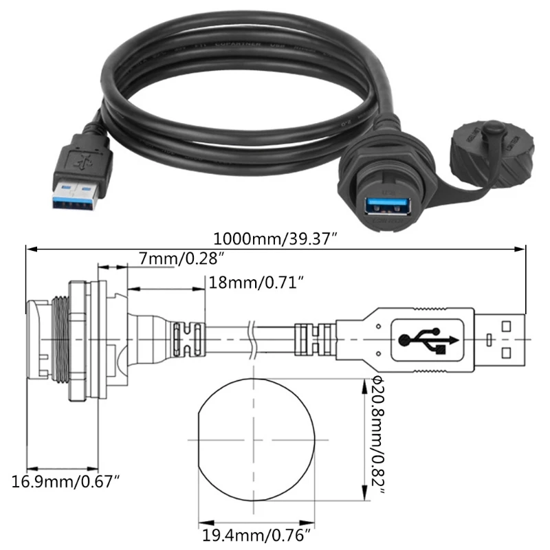 

USB 2.0 3.0 Socket Male to Female Extension Cable IP67 Waterproof Panel Mount Connector Cord