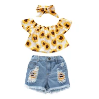 oyolan summer baby girls short sleeve clothes ruffles boutique sunflower ripped jeans shorts set outfits match accessories