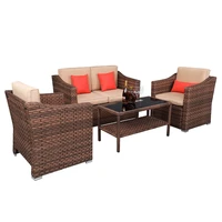 outdoor patio furniture 4 pcs set suit 1 double 2 single sofa 1 coffee table wide rattan steel pe brown with cushionus stock