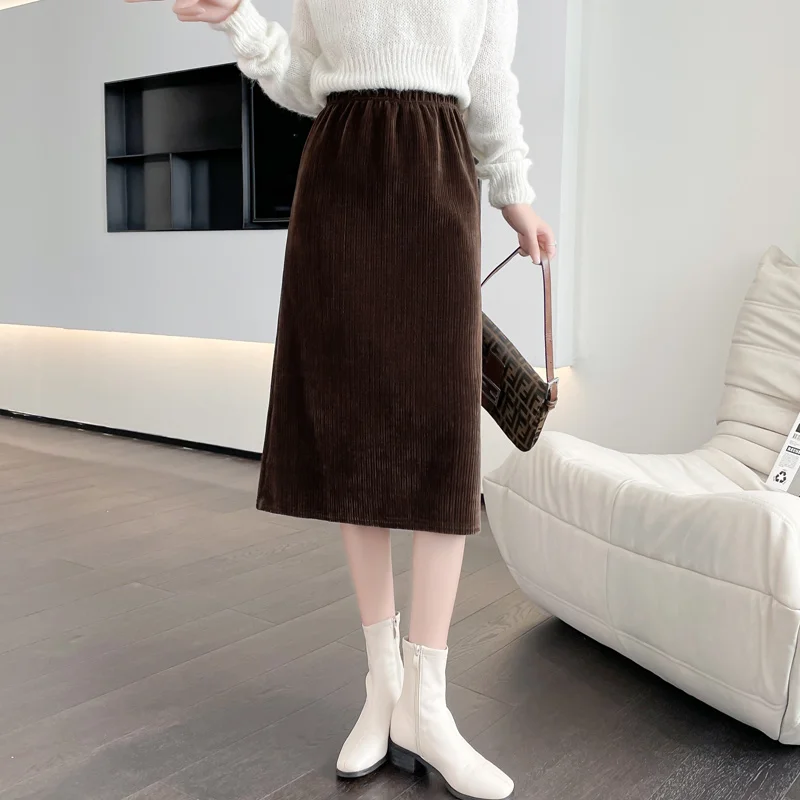 

2021 New Autumn Winter Women Skirts Casual Corduroy High Waist Sweet Midi Skirt Fashion Elegant Slim Office Pencil Skirts