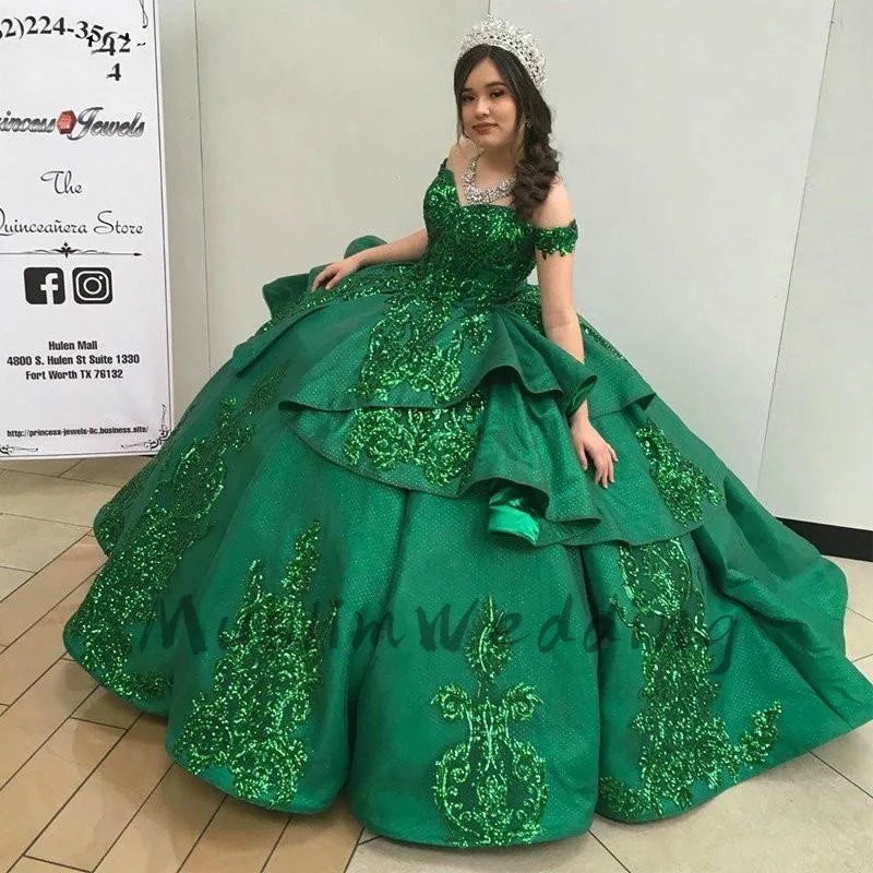 

Изумрудно-зеленое бальное платье Vestidos De Quinceanera платья 2021 цветочное кружево с оборками блестящее атласное с открытыми плечами милое 16 платье...