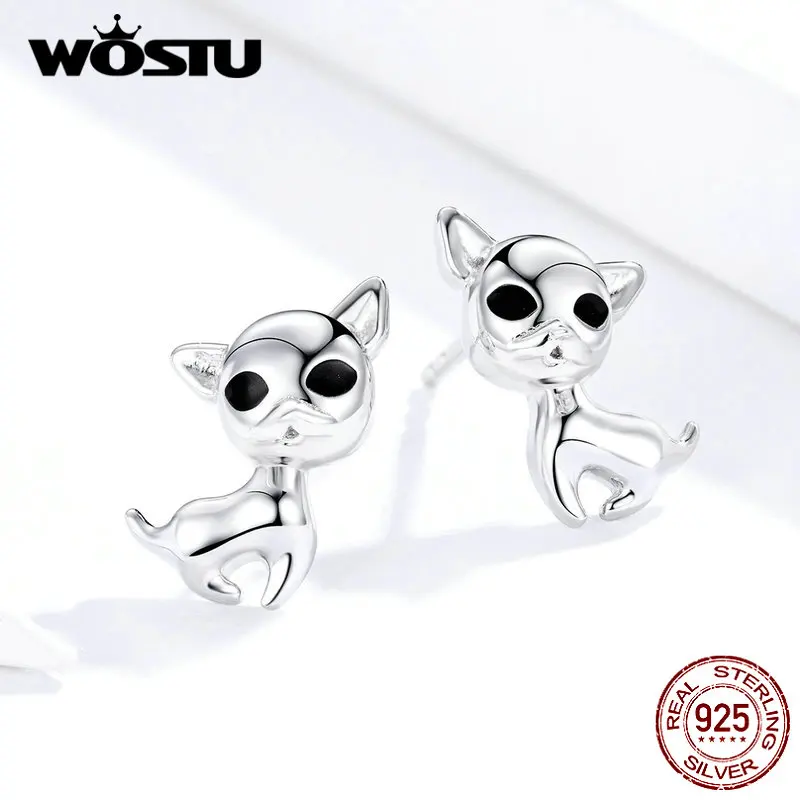 WOSTU 925 пробы серебряные милые серьги-гвоздики в виде Чихуахуа для женщин, серьги для помолвки, милые ювелирные изделия для девочек CQE758