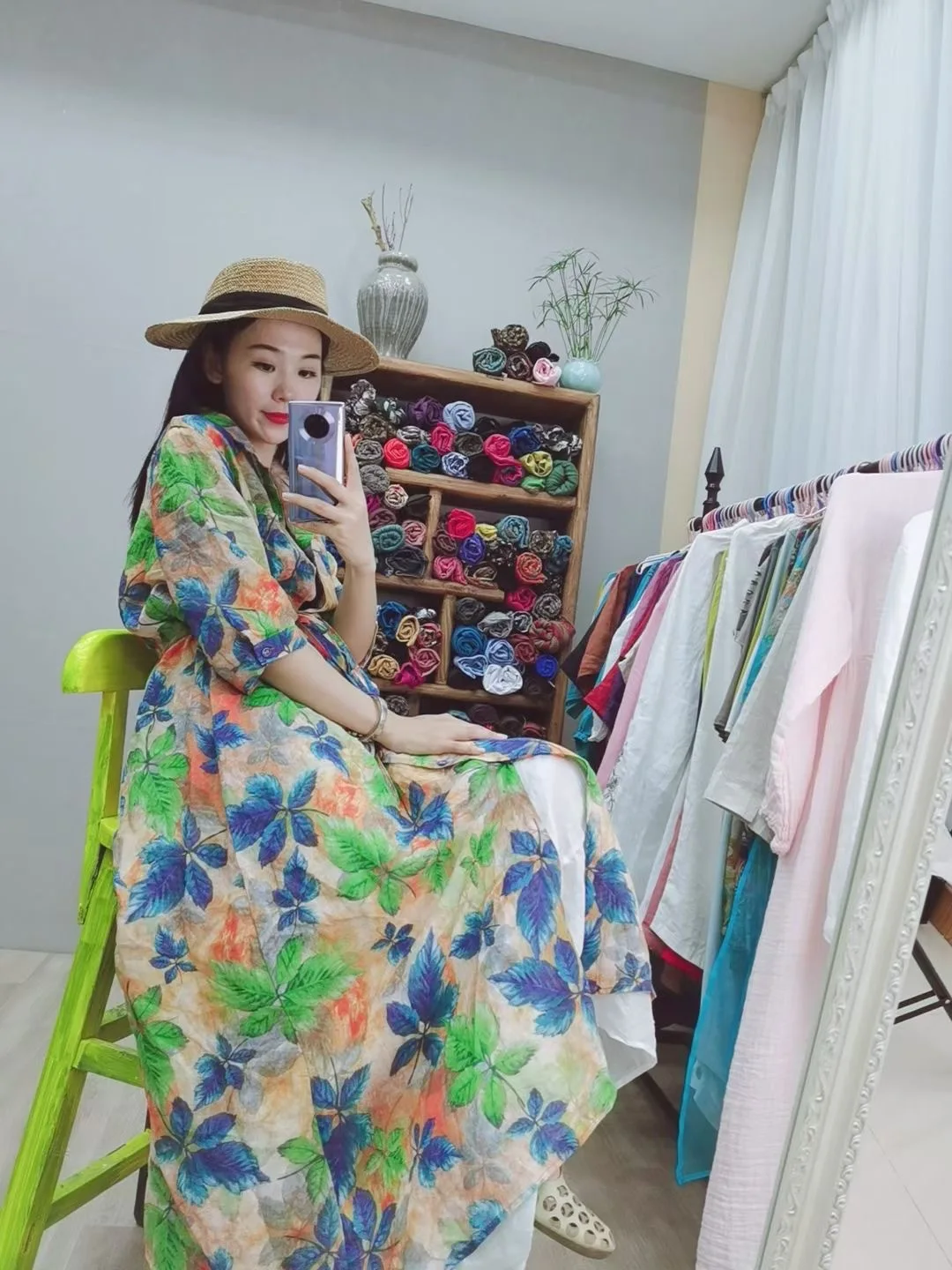 

Summer new literature ramie print dress cardigan Bohemian style casual dress