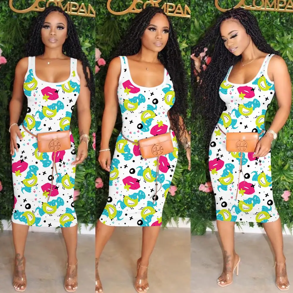 

New fashion cartoon print dress summer slim U-neck sleeveless women's Vest long skirt