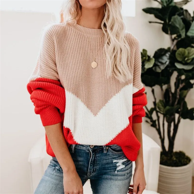 

Loose Knitted Sweater Women Jumpers Long Sleeve o-neck Woman Pullovers Sweater 2020 Autumn Winter Color Block Casual Sweater New