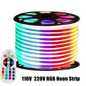 Светодиодсветодиодный неоновая лента RGB 110 В 220 В, гибкая веревка для украшения дома, наружное освещение с пультом дистанционного управления ЕСВеликобританииСШААвстралии