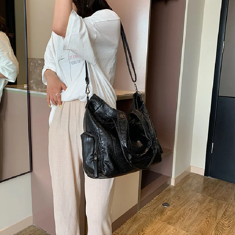 

women black pu leather soft large capacity sling shoulder bag for female casual big crossbody bag