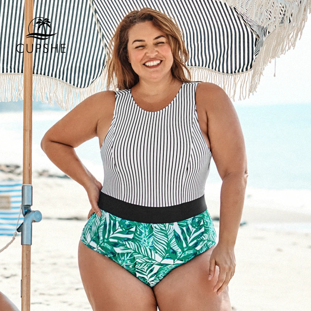 CUPSHE размера плюс полосатый и листовой принт сдельный купальник женский большой