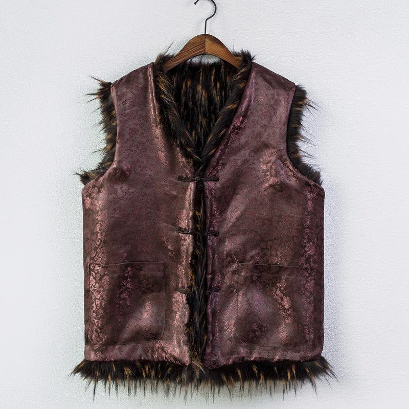 Мужской меховой жилет из меха енота Шелковый наряд с толстой теплой шалью