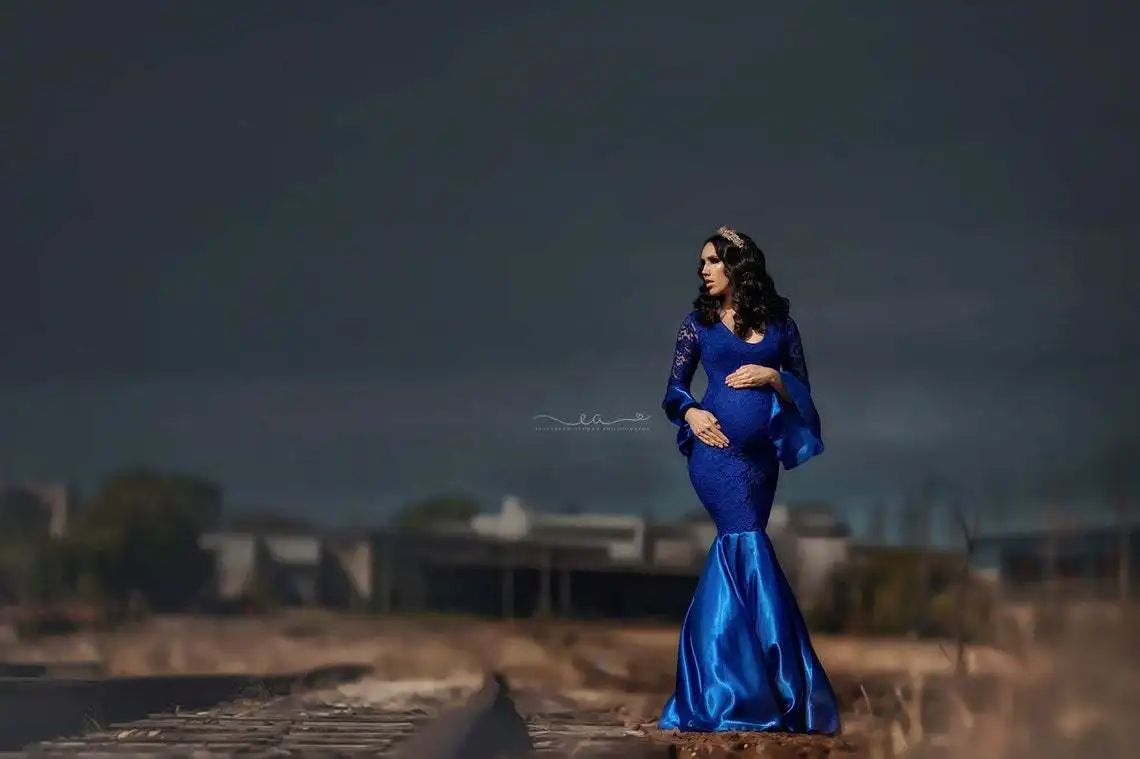 

European and American Long-Sleeved Lace Women's Sexy Mopping Evening One Piece Dress Pregnant Women's Photo One Piece Dress