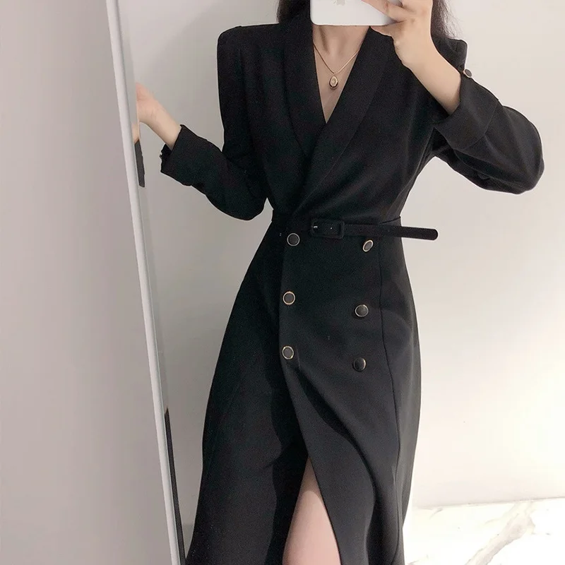 Осеннее женское элегантное платье блейзер с разрезом однотонное двубортное