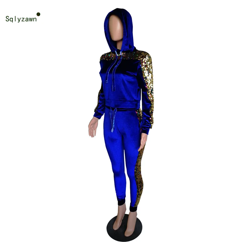 Autumn Winter Velvet Sequins Two Piece Tracksuit Women Long Sleeve Hooded Sweatshirt Top Jogger Pants Velour Matching Outfit | Женская